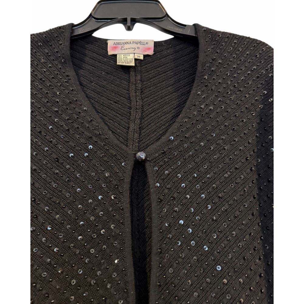 Adrianna Papell Black Sequin Open Front Wool Blend Cardigan Embellishments: M - Picture 2 of 7